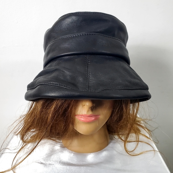 Vintage Accessories - Vintage Black Leather Bucket Hat
